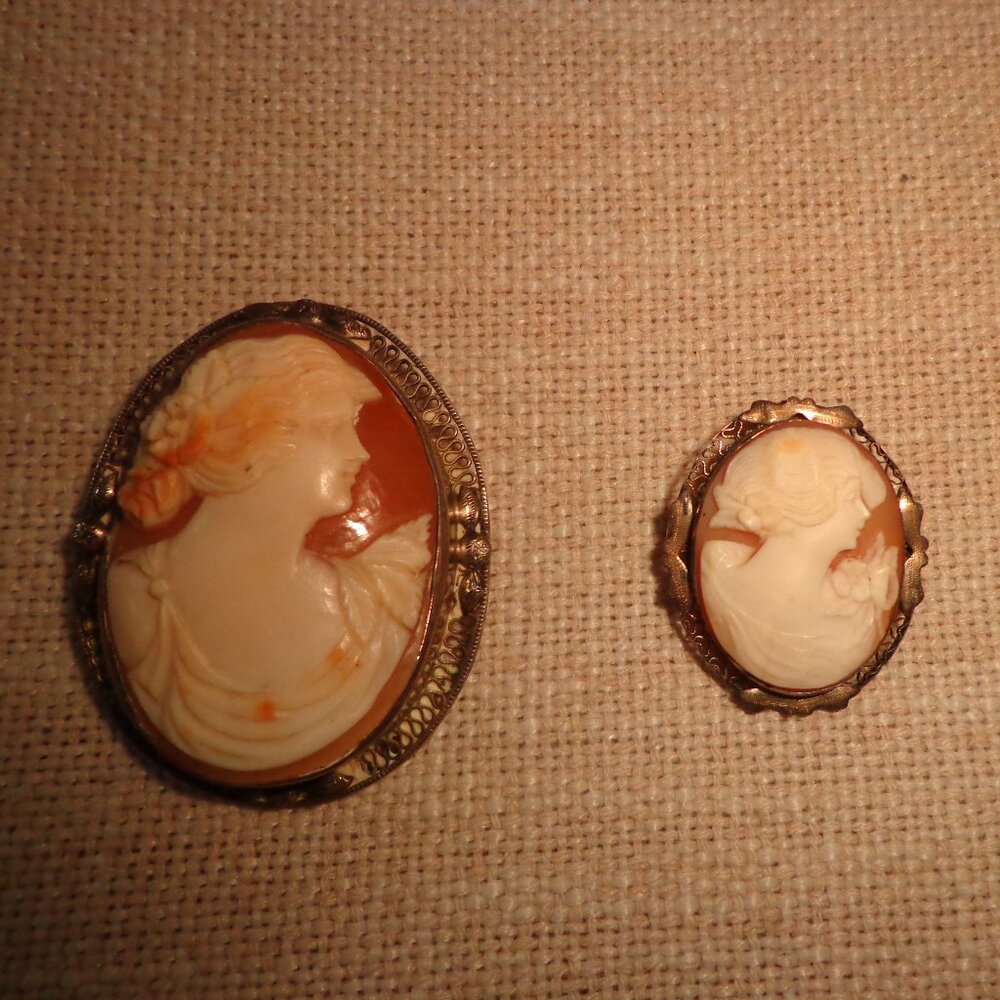 Lot of 2 Vintage Genuine Shell Carved Cameos Sterling Silver Brooch/Pendants - Picture 4 of 16